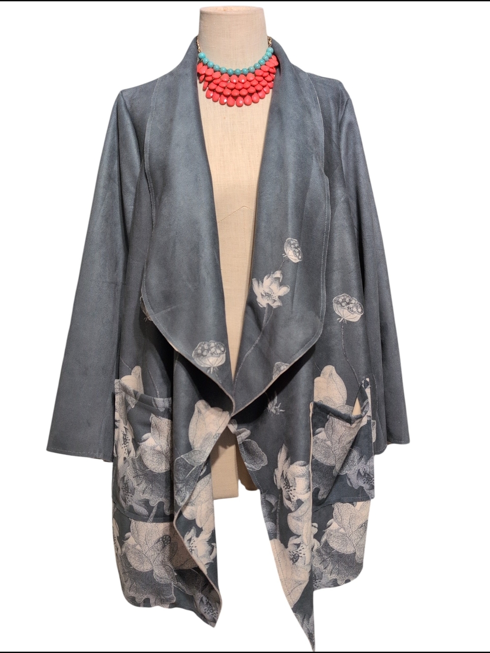 Chelsea & Theodore Gray Jacket Poncho Kimono Faux Leather Floral Soft Unique 2X